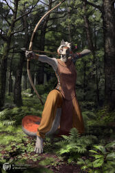  anthro arrow_(weapon) bow_(weapon) canid canine canis clothed clothing digital_media_(artwork) feathers female forest hair heterochromia hi_res hunting mammal plant ranged_weapon solo tail techiesxc tree weapon wolf 