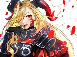  absurdres arm_guards armor asymmetrical_bangs black_armor black_bodysuit black_gloves blonde_hair bodysuit breastplate breasts facial_mark fate/grand_order fate_(series) female gloves hair_over_one_eye highres horns large_breasts long_hair looking_at_viewer nero_claudius_(fate) open_mouth pauldrons petals pointy_ears queen_draco_(fate) queen_draco_(third_ascension)_(fate) red_eyes shoulder_armor smile solo tia_(cocorosso) 