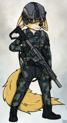  alpha_and_omega anthro armor brown_eyes canid canine canis clothing female fur gun headgear helmet kate_(alpha_and_omega) mammal military military_uniform ranged_weapon rifle solo tan_body tan_fur uniform weapon wolf yellow_body yellow_fur ziegelzeig 