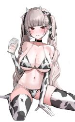  absurdres animal_ears animal_print azur_lane bikini black_choker black_ribbon blush bottle breasts choker cleavage collarbone cow_ears cow_horns cow_print cow_print_bikini cow_print_gloves cow_print_thighhighs elbow_gloves fake_animal_ears fake_horns female formidable_(azur_lane) gloves grey_hair hair_ribbon highres holding holding_bottle horns large_breasts long_hair milk milk_bottle navel nephthys2356 parted_lips print_bikini print_gloves print_thighhighs red_eyes ribbon simple_background solo sweat swimsuit thighhighs twintails two-tone_ribbon very_long_hair white_background white_ribbon 