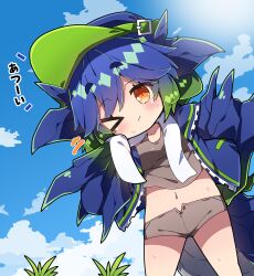  &gt;_o absurdres blue_hair blue_hat blue_jacket blue_sky blush brachydios breasts brown_eyes brown_shorts brown_tank_top closed_mouth cloud collarbone commentary_request crop_top female gradient_hair grass green_hair hair_between_eyes hat highres jacket medium_breasts midriff milkpanda monster_hunter_(series) motion_lines multicolored_hair navel one_eye_closed open_clothes open_fly open_jacket open_shorts outdoors personification short_eyebrows short_shorts shorts sky solo standing sweat tank_top thick_eyebrows towel towel_around_neck 