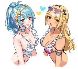  2girls aqua_hair bikini blonde_hair character_request choker copyright_request dark-skinned_female dark_skin eyewear_on_head frilled_bikini frills heart hikari_yui multiple_girls pink-tinted_eyewear simple_background sunglasses swimsuit tinted_eyewear upper_body white_background white_choker 