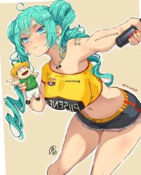  aqua_eyes aqua_hair arm_tattoo black_shorts breasts closed_mouth crop_top doll drill_hair earrings female hatsune_miku highres holding holding_doll holding_microphone jersey jewelry jk_arts large_breasts long_hair micro_shorts microphone navel necklace shirt shorts single_sleeve solo tattoo twin_drills vocaloid yellow_shirt 