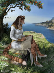  anthro clothing digital_media_(artwork) drawing dress felid female footwear hi_res khajiit mammal microsoft mountain painting pantherine pencil plant sea seaside shoes sitting solo techiesxc the_elder_scrolls tiger tree water 