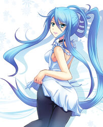  aoki_hagane_no_arpeggio ass bare_shoulders blue_eyes blue_hair breasts choker clothes_lift commentary dress female from_behind lipstick looking_back makeup medium_breasts pantyhose personification photoshop_(medium) ponytail ryusei2u skirt skirt_lift snowflakes solo takao_(aoki_hagane_no_arpeggio) 