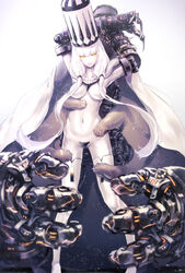  abyssal_ship boots breasts c-string capelet claws commentary_request female glowing glowing_eyes hands hat highres kantai_collection large_breasts long_hair nina_(ninageya) northern_water_princess revision sidelocks smile solo strapless_bottom thigh_boots thighhighs white_background white_hair yellow_eyes 