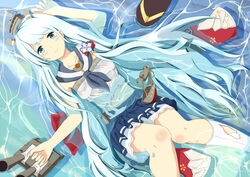  afloat arm_up blue_eyes blue_hair blue_neckerchief blue_skirt blush broken cannon closed_mouth commentary_request female floral_print flower from_above gatari hair_flower hair_ornament hand_up holding holding_weapon knee_up kneehighs layered_skirt long_hair looking_afar looking_at_viewer lying neckerchief on_back pleated_skirt ripples sad sailor_collar shirayuki_(warship_girls_r) shirt skirt sleeveless sleeveless_shirt socks torn_clothes torn_socks warship_girls_r water weapon white_legwear white_shirt 