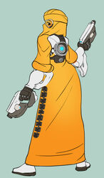  adapted_costume boots brown_eyes burqa commentary covered_face dual_wielding english_commentary female from_behind goggles greenmarine gun handgun highres holding looking_back niqab orange_goggles overwatch overwatch_1 parody satire solo tracer_(overwatch) weapon 