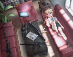  as_val assault_rifle bad_id bad_pixiv_id black_shorts blonde_hair book bookshelf bullpup chair coffee_table couch dreadtie dsr-1 female gun gyrojet handgun indoors jessica_jefferson kalashnikov_rifle long_hair lying magazine_(object) magazine_(weapon) magpul_pdr multiple_weapons newspaper on_back original photoshop_(medium) plant ponytail potted_plant ptrs-41 red_eyes rifle shorts sniper_rifle socks solo submachine_gun suppressor table tablet_pc weapon window 