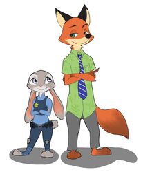  2016 anthro barefoot canid canine crossed_arms disney duo feet female fox fur green_eyes grey_body grey_fur judy_hopps lagomorph leporid long_ears looking_back male mammal nick_wilde orange_body orange_fur purple_eyes rabbit red_fox simple_background size_difference smile true_fox xan_(pixiv) zootopia 