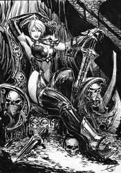  arm_over_head armor armpits bad_deviantart_id bad_id bare_shoulders boots breasts choker elbow_gloves female gauntlets gloves greyscale highres isabella_valentine large_breasts monochrome short_hair shoulder_armor sitting sitting_on_object skull smile solo soulcalibur soulcalibur_iii stjepan_sejic sword thigh_boots thighhighs treasure weapon western_comics_(style) 