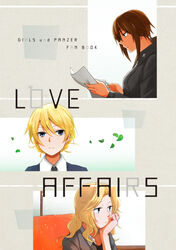  3girls black_necktie blonde_hair blue_eyes blue_sweater brown_eyes brown_hair commentary_request copyright_name cover cover_page darjeeling_(girls_und_panzer) doujin_cover dress_shirt english_text fanbook from_side girls_und_panzer grey_jacket grey_shirt hair_intakes head_rest holding jacket kay_(girls_und_panzer) kuromorimine_school_uniform leaf long_hair long_sleeves looking_at_viewer multiple_girls necktie nishizumi_maho paper saunders_school_uniform school_uniform shirt short_hair st._gloriana&#039;s_school_uniform sweater white_shirt wind yuuhi_(arcadia) 