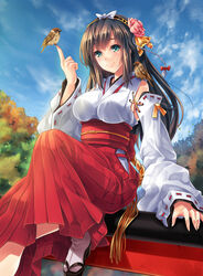  aqua_eyes bird black_hair breasts commentary_request day detached_sleeves eurasian_tree_sparrow female hakama hakama_skirt japanese_clothes large_breasts long_hair makirin miko original photoshop_(medium) red_hakama ribbon-trimmed_sleeves ribbon_trim sitting skirt sky smile solo sparrow tabi 