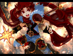  1boy appllo_(shinrabanshou) armlet bracelet fire highres jewelry lolicon male male_focus pants red_eyes red_hair scarf shinrabansho shinrabanshou sleeveless sleeveless_vest solo tattoo teenage vest waseda_adesaw 