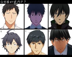  6+boys ahoge amon_koutarou black_eyes black_hair commentary_request darker_than_black fate/stay_night fate_(series) frown gekkan_shoujo_nozaki-kun hair_between_eyes hei_(darker_than_black) hikigaya_hachiman idolmaster idolmaster_cinderella_girls kuzuki_souichirou look-alike multiple_boys nozaki_umetarou open_mouth producer_(idolmaster) producer_(idolmaster_cinderella_girls_anime) sanpaku season_connection shaded_face simple_background sukemyon takeuchi_shunsuke tokyo_ghoul trait_connection translated white_background yahari_ore_no_seishun_lovecome_wa_machigatteiru. 