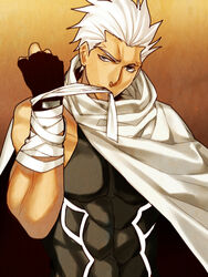  1boy archer_(fate) bandages cape commentary_request fate/stay_night fate_(series) fingerless_gloves gloves male_focus mitsuki_mitsuno sleeveless solo white_hair 