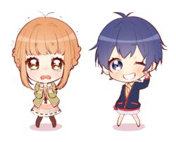  2girls ;d antenna_hair bad_id bad_pixiv_id black_legwear blue_eyes blue_hair braid brown_eyes brown_hair chibi clenched_hands dress french_braid grin iwaoka_(sikabanenomiti_park) jacket kamishiro_sui looking_at_viewer multiple_girls one_eye_closed open_mouth pantyhose short_hair simple_background smile tears tokyo_7th_sisters trembling tsunomori_rona v wavy_mouth white_background 