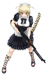  angry animal_ears blonde_hair bow breasts brown_hair bursting_breasts clenched_teeth facial_mark female full_body gun hair_ornament holding holding_weapon large_breasts light_machine_gun looking_at_viewer machine_gun maid official_art red_eyes rifle rpk rpk_(upotte!!) short_hair skirt solo tail teeth tennouji_kitsune tiger_ears tiger_tail upotte!! weapon 