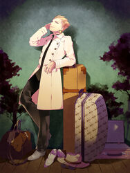  1boy blonde_hair commentary_request earrings fabulous fate/stay_night fate_(series) gilgamesh_(fate) hair_slicked_back jewelry long_coat male_focus momoayamo photoshop_(medium) red_eyes short_hair solo suitcase 