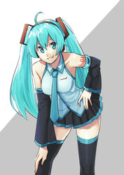  aqua_eyes aqua_hair black_thighhighs commentary_request detached_sleeves female hatsune_miku highres leaning_forward long_hair looking_at_viewer necktie partial_commentary photoshop_(medium) pleated_skirt simple_background skirt smile solo standing thighhighs torii_yoshitsuna twintails very_long_hair vocaloid zettai_ryouiki 