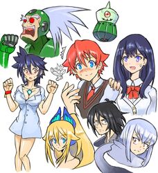  4boys anti_(ssss.gridman) bangs black_hair blonde_hair blue_eyes blue_hair blush bow bowtie breasts cardigan cleavage collarbone collared_shirt dress grey_dress grey_scarf hand_on_another&#039;s_shoulder hibiki_yuuta high_ponytail long_hair long_sleeves looking_at_another looking_at_viewer medium_breasts multiple_boys multiple_girls necktie oomasa_teikoku ponytail red_bow red_hair red_neckwear samurai_calibur scarf school_uniform shirt short_hair short_sleeves silver_hair ssss.gridman sweatdrop sweater takarada_rikka waistcoat white_cardigan white_shirt white_sweater wing_collar 