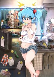  ^^^ ahoge air_conditioner animal_slippers bare_legs belly belly_grab bespectacled black-framed_eyewear blue_eyes blue_hair bottle breast_pinch breast_press breasts bunny_slippers cabinet calbee_(potato_chips) cellphone cigarette_butt cigarette_pack commentary_request covering_breasts covering_privates cucumber curtains denim denim_shorts eating face_of_the_people_who_sank_all_their_money_into_the_fx_(meme) faucet female flanvia flcl food full_stomach gari_gari-kun glasses haagen-dazs hair_bobbles hair_ornament haruhara_haruko highres indoors jewelry kawashiro_nitori kitchen loaded_interior looking_at_viewer magnet medium_breasts meme messy_room midriff mouth_hold nandaba_naota navel necklace no_headwear note open_fly panties phone pinching plump pocky polka_dot poster_(object) pretz refrigerator refrigerator_magnet short_shorts shorts side-tie_panties sink sleeveless slippers smartphone smiley_face snack solo spring_onion standing standing_on_one_leg surprised sweat tank_top touhou towel towel_rack tupet two_side_up underwear weight_conscious weight_gain window 