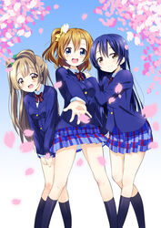  3girls :d bad_id bad_pixiv_id black_socks blazer blue_eyes blue_hair blush bow brown_eyes brown_hair cherry_blossoms foreshortening hairbow hands_on_shoulders highres jacket kneehighs kosaka_honoka kurou_(quadruple_zero) leaning_forward long_hair looking_at_viewer love_live! love_live!_school_idol_project minami_kotori multiple_girls one_side_up open_mouth otonokizaka_school_uniform outstretched_arm petals petticoat photoshop_(medium) pleated_skirt school_uniform skirt slip_showing smile socks sonoda_umi 