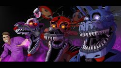  2017 absurd_res animatronic canid canine digital_media_(artwork) eyewear facial_hair fiszi five_nights_at_freddy&#039;s five_nights_at_freddy&#039;s_4 fox glasses glowing glowing_eyes hi_res human lagomorph leporid machine mammal nightmare_bonnie_(fnaf) nightmare_foxy_(fnaf) nightmare_mangle_(fnaf) open_mouth rabbit robot scottgames teeth 