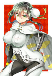  arm_guards black_hair bodysuit breasts bun_cover cape chinese_clothes closed_mouth cloud_print commentary_request covered_navel covered_nipples double_bun fate/grand_order fate_(series) female green_eyes hair_bun hand_on_own_hip homi28 medium_breasts qin_liangyu_(fate) sidelocks simple_background skin_tight solo standing white_cape 