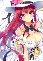  alternate_costume armlet bare_shoulders bow breasts cattleya_(flower_knight_girl) cleavage closed_mouth commentary_request curly_hair dress female flower flower_knight_girl frilled_dress frills hand_on_headwear hat hat_flower kurot large_breasts long_hair looking_at_viewer red_eyes red_hair ribbon smile solo twitter_username white_dress yellow_ribbon 