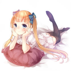  blonde_hair blue_eyes bow chest_on_pillow commentary_request dress female hairbow hands_on_own_cheeks hands_on_own_face leg_up long_hair lying on_stomach original pillow solo striped_clothes striped_thighhighs tamaki_iori the_pose thighhighs twintails vertical-striped_clothes vertical-striped_thighhighs very_long_hair zettai_ryouiki 