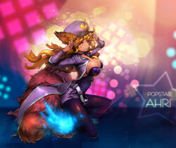  ahri_(league_of_legends) alternate_color alternate_costume alternate_hair_color animal_ears belt black_pantyhose blonde_hair blue_fire breasts character_name cleavage commentary cosplay english_text facial_mark female fingernails fire fireball floating_hair fox_ears fox_tail from_side full_body girls&#039;_generation hands_up hat heart heart_necklace idol jacket jewelry kneeling large_breasts league_of_legends legs_apart lens_flare light_smile lights long_fingernails long_hair looking_at_viewer multiple_tails nal_(nal&#039;s_pudding) necklace open_clothes open_jacket pantyhose pantyhose_under_shorts peaked_cap photoshop_(medium) popstar_ahri pose shadow sharp_fingernails short_shorts shorts sideboob signature smile solo stage_lights star_(symbol) tail very_long_hair whisker_markings yellow_eyes zipper 