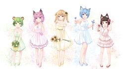  5girls absurdres aged_down animal_ears animare bad_id bad_pixiv_id bat_ears bear_ears black_hair blue_dress blue_eyes blue_flower blue_hair blush breasts brown_hair cleavage closed_mouth collarbone commentary dog_ears dress dress_flower eustoma floral_background flower flower_bracelet flower_request frilled_dress frills green_dress green_eyes green_flower green_hair hair_flower hair_ornament highres hinokuma_ran holding holding_flower inaba_haneru_(animare) inari_kuromu looking_at_viewer maka_neko multicolored_hair multiple_girls nanashi_inc. open_mouth pink_dress pink_flower purple_eyes purple_hair rabbit_ears red_eyes red_flower red_hair red_rose rose shoes short_hair smile souya_ichika streaked_hair sunflower umori_hinako virtual_youtuber white_dress yellow_dress yellow_eyes yellow_flower 