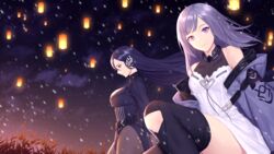  2girls belt black_hair black_legwear breasts coat commentary_request dress floating_hair highres iron_saga lantern large_breasts long_hair looking_at_viewer multiple_girls night oboro_(iron_saga) open_clothes open_coat outdoors paper_lantern pink_eyes purple_coat red_eyes short_dress silver_hair sitting siun sleeveless sleeveless_dress smile snowing standing teresa_(iron_saga) thighhighs very_long_hair white_dress zettai_ryouiki 