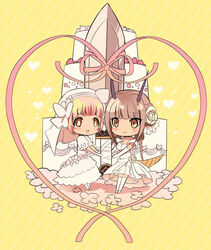  2girls :&gt; :d blunt_bangs blush braid breasts bride brown_eyes cake chibi cleavage commentary_request dress elbow_gloves flower food genderswap_(mtf) gloves hair_flower hair_ornament heart heart_ribbon holding_hands horns kouji_(kari) la_pucelle_(mahoiku) magical_girl mahou_shoujo_ikusei_keikaku_unmarked medium_breasts multiple_girls open_mouth pink_hair ribbon rule_63 sidelocks smile snow_white_(mahoiku) sword tail thighhighs twin_braids weapon wedding_cake wedding_dress white_dress white_gloves white_legwear wife_and_wife yellow_background yuri 