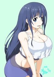  anitore!_ex blue_eyes blue_hair breasts cleavage commentary_request crop_top crop_top_overhang female large_breasts long_hair looking_at_viewer midriff nishiumi_yuuta partial_commentary saotome_shizuno smile solo v_arms very_long_hair 