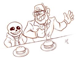  animated_skeleton bone bow_(feature) bow_tie crossover disney duo eyewear food glasses gravity_falls human humanoid male mammal monochrome not_furry sans_(undertale) sean_hicks skeleton stan_pines undead undertale undertale_(series) 