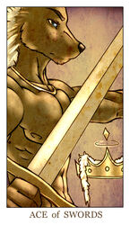  ace_of_swords_(tarot) anthro baen blonde_hair blue_eyes canid canine canis card card_template crown feralise fortune_telling fur hair headgear jewelry male mammal melee_weapon minor_arcana muscular muscular_anthro muscular_male necklace nipples solo sword swords_(tarot) tan_body tan_fur tarot tarot_card weapon wolf 