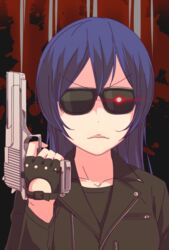  ayasaka bad_id bad_twitter_id blue_hair commentary_request cosplay desert_eagle female finger_on_trigger fingerless_gloves gloves glowing glowing_eye gun handgun holding holding_gun holding_weapon love_live! love_live!_school_idol_project parody solo sonoda_umi sunglasses t-800 t-800_(cosplay) terminator_(series) the_terminator weapon 