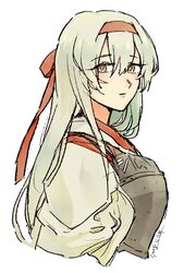  commentary_request cropped_torso female hair_between_eyes headband kantai_collection long_hair muneate shigemitsu_jun shoukaku_(kancolle) solo upper_body white_background white_hair 