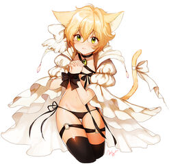  animal_ears anz_(starry) black_thighhighs blonde_hair blush cat_ears cat_tail commentary_request dress female green_eyes jewelry looking_at_viewer necklace open_clothes open_dress original panties photoshop_(medium) ribbon short_hair side-tie_panties solo tail thigh_strap thighhighs underwear 