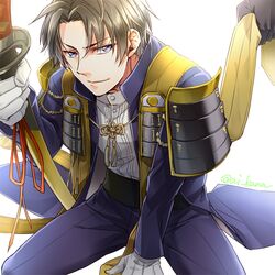  1boy aikana armor blue_eyes brown_hair commentary_request curtained_hair heshikiri_hasebe japanese_armor katana male_focus sheath sheathed shoulder_armor sode solo sword touken_ranbu weapon 