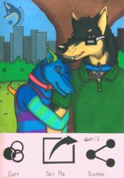  2016 absurd_res anthro arm_hug bayzan bayzan_(artist) canid canine canis city clothing collar dog_tags domestic_dog duo eyewear femboy german_shepherd glasses grass green_ears grin hand_holding herding_dog heterochromia hi_res male male_anthro mammal outside park pastoral_dog pattern_clothing phone_view plant reilly sergal smile smirk striped_clothing stripes submissive traditional_media_(artwork) tree wolf 