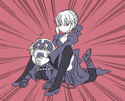  2girls artoria_pendragon_(fate) black_legwear breasts camel_clutch choke_hold commentary_request dress fate/grand_order fate/stay_night fate_(series) gauntlets helmet high_heels jashin-chan_dropkick jeanne_d&#039;arc_alter_(avenger)_(fate) jeanne_d&#039;arc_alter_(fate) lying medium_breasts multiple_girls on_stomach open_mouth parody photoshop_(medium) saber_alter sitting sitting_on_person strangling submission_hold sweatdrop teeth tententensan thighhighs wrestling 