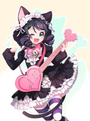  ;d animal_ears bell black_hair bow bowtie cat_ears cat_girl cat_tail commentary_request curly_hair cyan_(show_by_rock!!) female frilled_skirt frills green_eyes guitar headdress heart_guitar highres instrument looking_at_viewer ng_(kimjae737) oerba_yun_fang one_eye_closed open_mouth short_hair show_by_rock!! skirt smile solo strawberry_heart_(show_by_rock!!) striped_clothes striped_thighhighs tail thighhighs zettai_ryouiki 