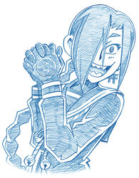  bbb_(friskuser) bell blue_theme braid chikujouin_magane commentary_request crazy_smile delinquent earrings female gloves hair_bell hair_ornament hair_over_one_eye jewelry jingle_bell long_hair long_sleeves monochrome open_mouth own_hands_clasped own_hands_together pentagram photoshop_(medium) re:creators sharp_teeth single_braid smile solo sukeban teeth torii_earrings upper_body white_background 