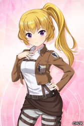  absurdres alternative_girls blonde_hair breasts brown_jacket cosplay cowboy_shot dress_shirt emblem female grey_pants hand_on_own_hip high_ponytail highres holster jacket long_hair medium_breasts military military_uniform mizushima_airi official_art open_clothes open_jacket pants paradis_military_uniform purple_eyes shingeki_no_kyojin shirt solo standing survey_corps_(emblem) thigh_holster uniform white_shirt 