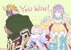  2boys armor blue_eyes blue_hair brother_and_sister clenched_teeth closed_eyes closed_mouth commentary_request dark-skinned_male dark_skin female fire_emblem fire_emblem_heroes from_side gradient_hair grey_hair hair_ornament helbindi_(fire_emblem) hrid_(fire_emblem) long_sleeves multicolored_hair multiple_boys open_mouth orange_hair protected_link qumaoto short_hair siblings simple_background spiked_hair teeth tiara twitter_username white_hair ylgr_(fire_emblem) 