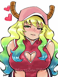  alternate_costume baseball_cap blonde_hair blossomppg blush breasts chinese_clothes cleavage_cutout dragon_horns eyebrows_visible_through_hair gradient_hair green_eyes green_hair hat heart_cutout heterochromia horns kobayashi-san_chi_no_maidragon large_breasts long_hair multicolored_hair quetzalcoatl_(maidragon) 