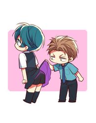  1boy blue_hair brown_hair chibi clothes_lift commentary_request female gekkan_shoujo_nozaki-kun hori_masayuki kashima_yuu lm_0063 lowres reverse_trap sanpaku short_hair shorts shorts_under_skirt skirt skirt_lift 